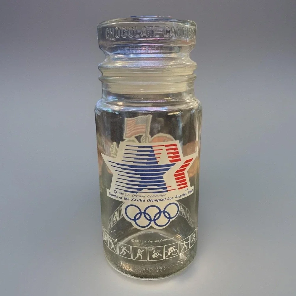 RARE Olympics M&M's Candy Glass Jar Canister & Lid Vintage 1980s
